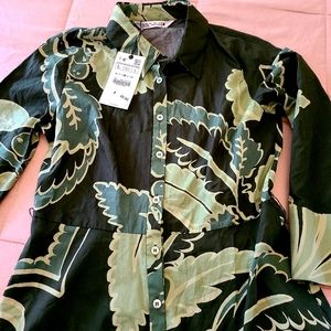 NWT ZARA Leaf Print Button Down Midi Dress ~ Flawed